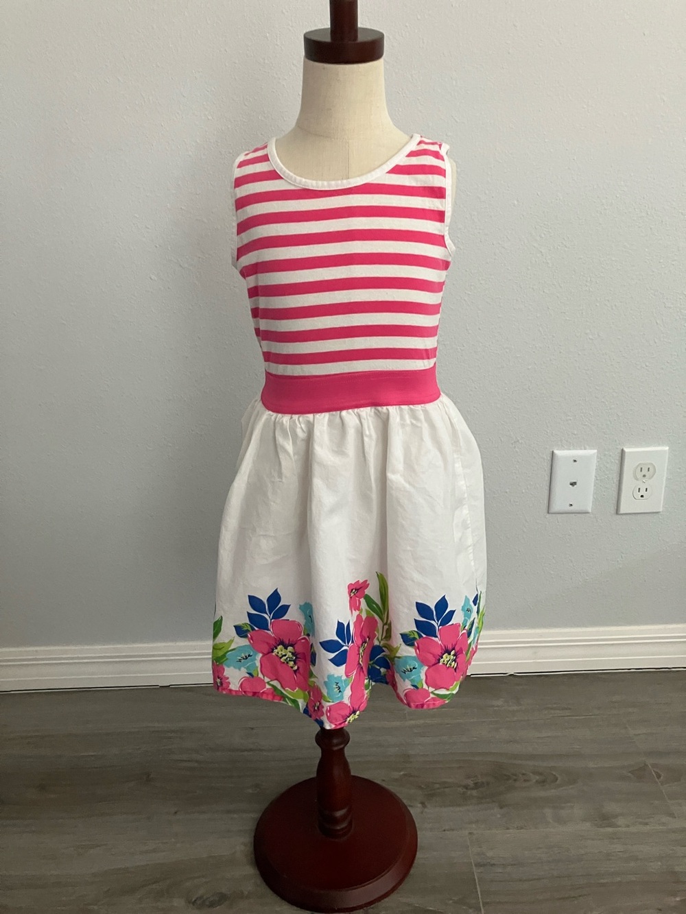 The Children's Place girls' striped and floral fit-and-flare pink dress | M 7-8